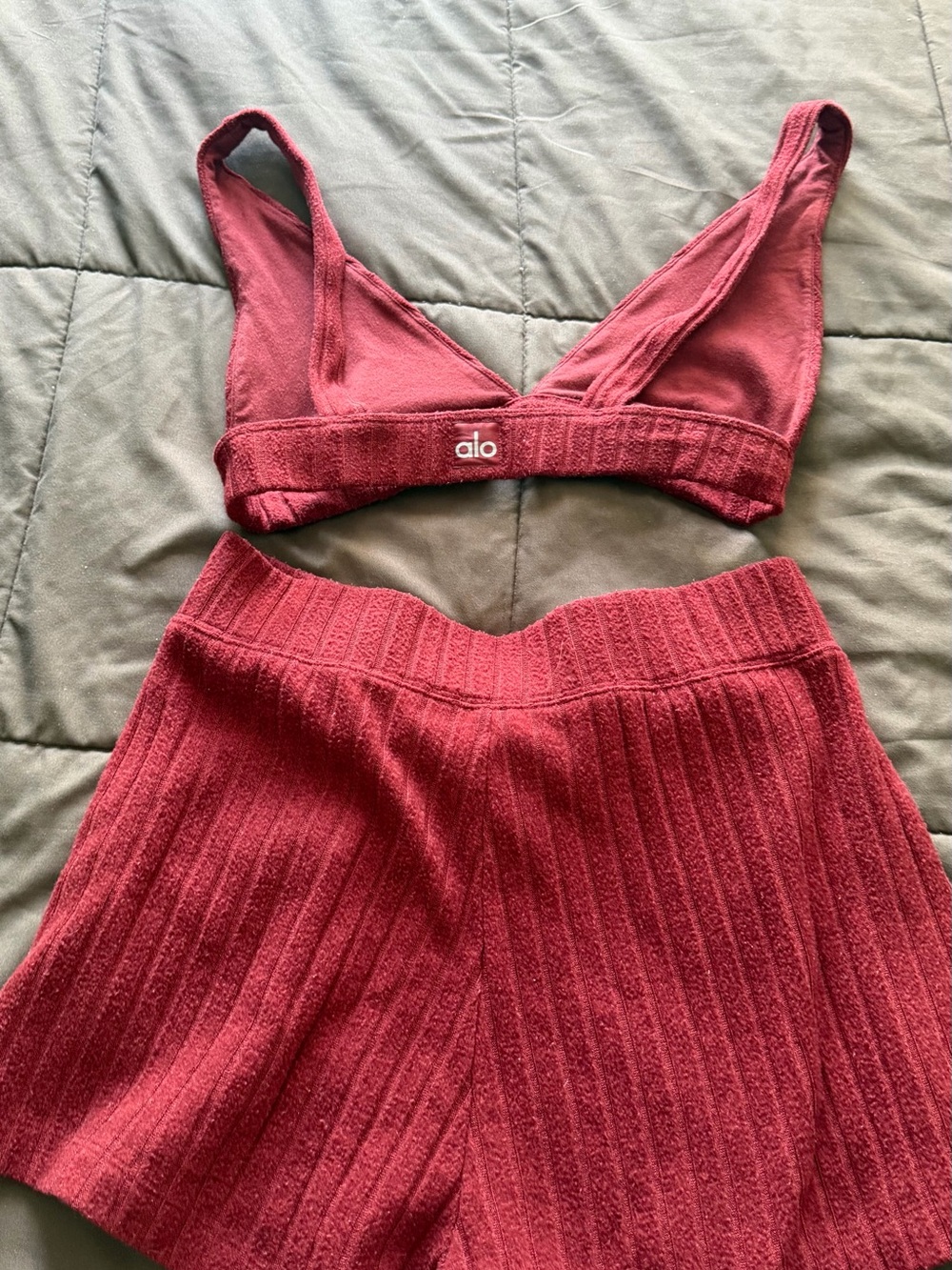 ALO Yoga Women's Ribbed Burgundy Shorts and Bralette set - Picture 2 of 3